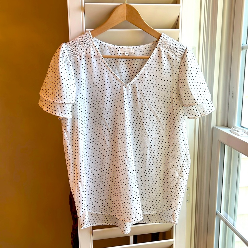 EUC Pleione Ruffle Sleeve Smocked V Neck Blouse S
